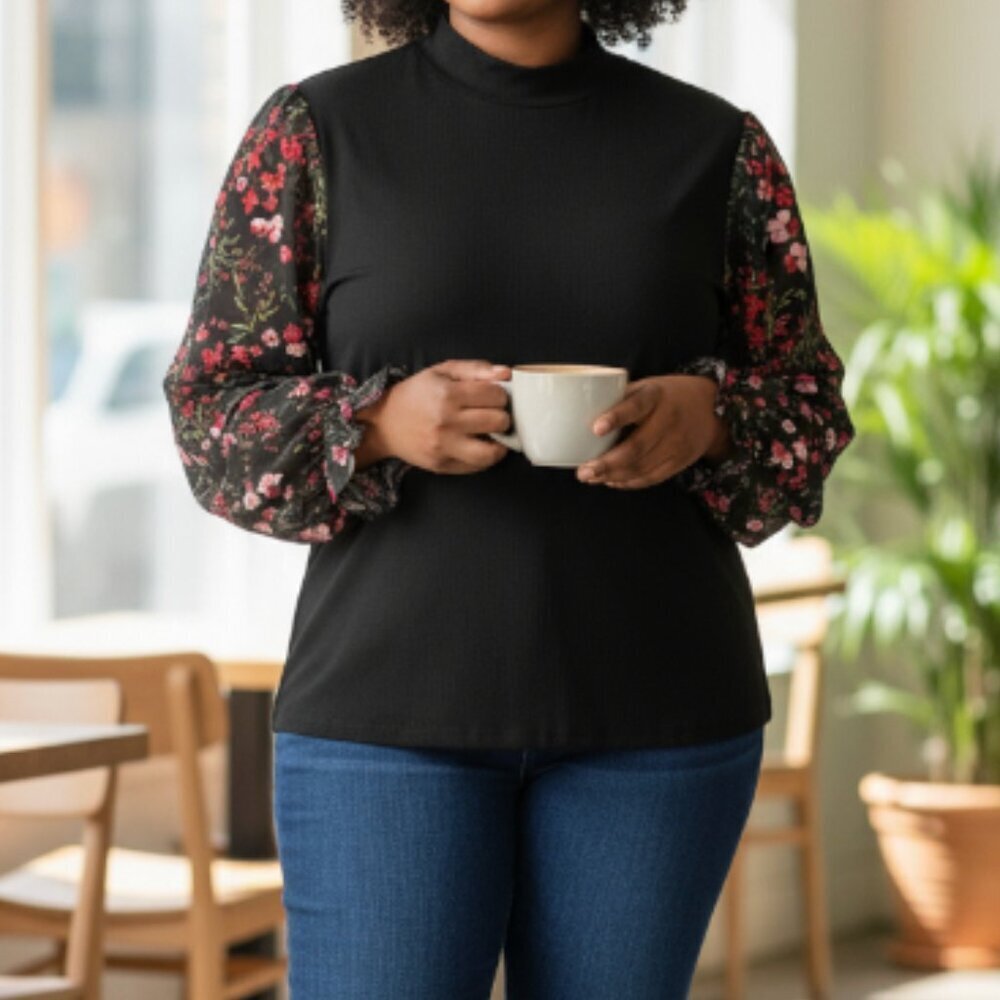 Catherine Malandrino Women's Blouse Plus Size 1X Black Floral Print Long Sleeves
